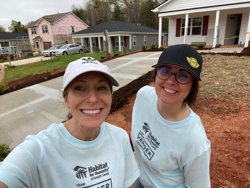 Tricia Walker and Angie Jones volunteering with the Verger Team for Habitat for Humanity